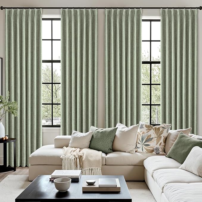 MIULEE Sage Green Pinch Pleated 100% Blackout Linen Curtains for Bedroom, Room Darkening Memory Trained Light Blocking Window Curtains 84 inches Long for Living Room, Black Out Pleat Drapes, 2 Panels