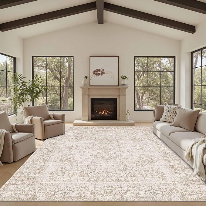 Rugxara 8x10 Area Rugs,Large Rugs for Living Room,Washable Neutral Rug, Vintage Boho Rugs for Office, Kids Room, Farmhouse, Durable Low Pile Non Slip Carpet for High Traffic Areas, Light Bown