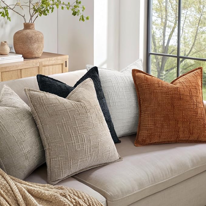 decorUhome Chenille Decorative Throw Pillow Covers 16x16 Set of 2,Oatmeal | Soft Texture, Slubby Modern Design, Flange Edges, Cozy Accent Pillow Covers for Couch, Sofa, Bed, Living Room