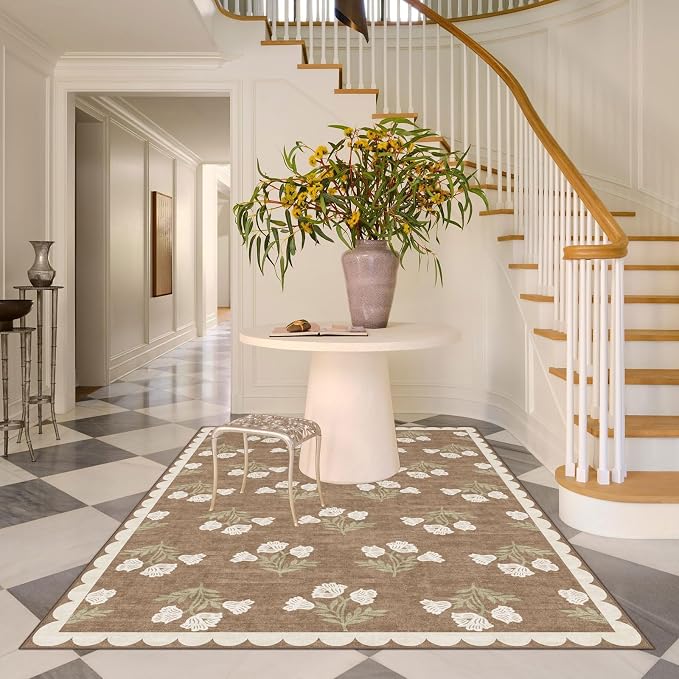 Boho 5x8 Living Room Rug - Tan Soft Washable Floral Scalloped Bedroom Area Rug Stain Resistant Dining Room Rugs for Under Table Non Slip Vintage Farmhouse Rugs for Living Room Nursery Carpet