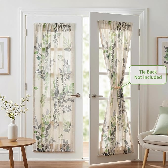 MYSKY HOME Floral Linen French Door Curtains 72 inch Long 2 Panels for Front Door Light Filtering Privacy Semi Sheer Window Curtains with Rod Pocket, Green, 24" W Each Panel