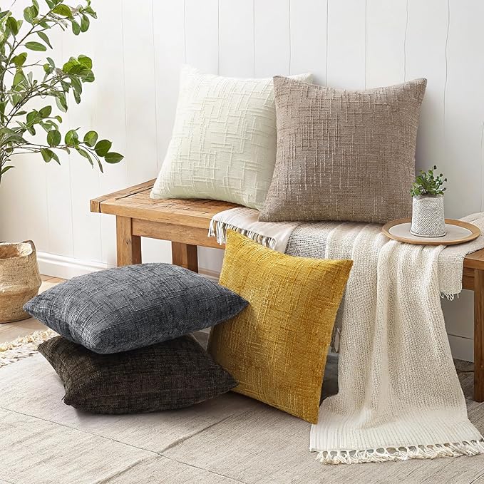 decorUhome Textured Chenille Throw Pillow Covers 24x24 Set of 2 Oatmeal | Fall Modern Farmhouse Soft Cozy Slubby Couch Pillow Cases Boho Decorative Pillow Cases for Bed Sofa Living Room Home Decor