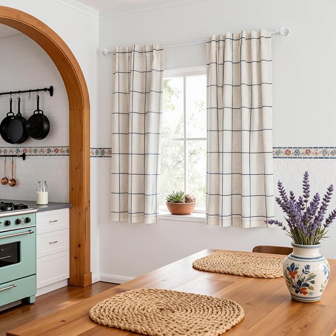 MYSKY HOME 100% Blackout Plaid Farmhouse Linen Curtains 54 Inch Long 2 Panels Set Double Layer Windowpane Drapes Thermal Insulated Privacy Protection Rod Pocket Back Tab, 52" W, Navy Blue