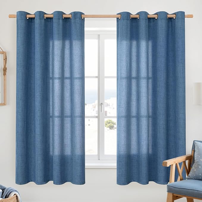 YoungsTex Navy Blue Linen Curtains 63 Inch Length 2 Panels Light Filtering | Semi Sheer Drapes with Bronze Grommet Privacy for Office Bedroom Living Room Window, 52 x 63 Inch