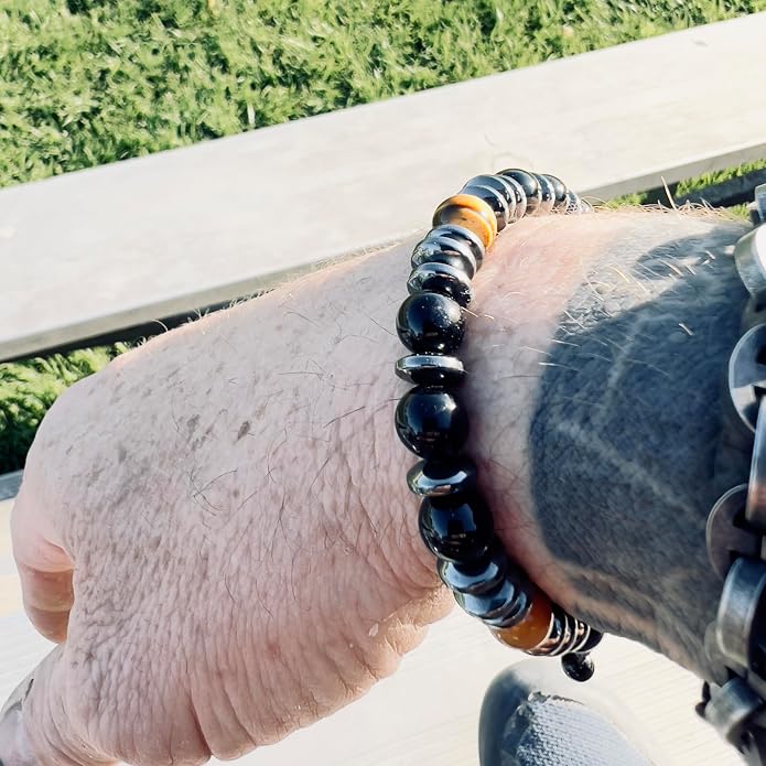 Mens Beaded Bracelet - Stone Jewelry, Black Onyx Hematite Bracelets, Mens Accessories, Adjustable