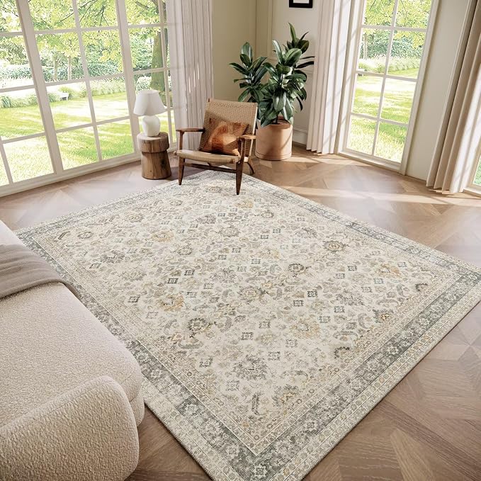 Boho Washable 5x7 Area Rugs for Living Room, Cushioned, Beige/Grey | Vintage Non-slip Rugs for Bedroom Dining Room Nursery Office, 0.3" Neutral Oriental Throw Thin Carpet, Beige/Grey/Golden