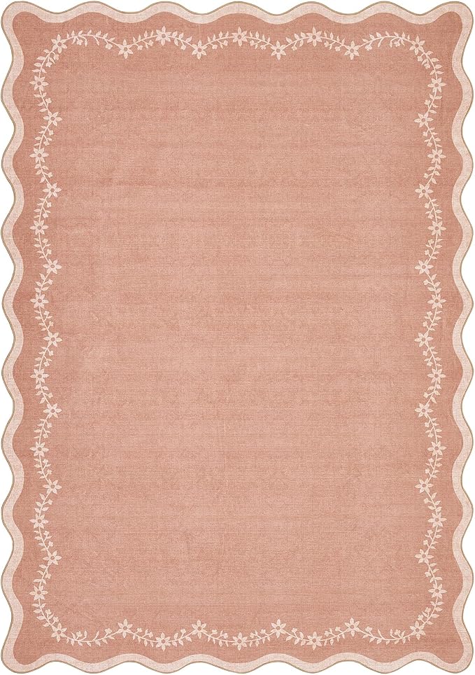 GarveeHome Scalloped Area Rugs 8x10 Soft Large Washable Living Room Rug | Pink Non Slip Backing Floor Mat Carpet Indoor Thin Rug for Bedroom Dining Room Playroom Nursery Home Decor