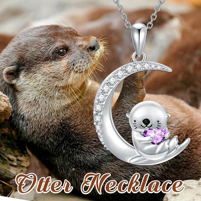 PROESS Animal Birthstone Necklace 925 Sterling Silver Otter/Axolotl/Hippo/Elephant/Dachshund/Monkey/Red Panda Pendant Necklace Animal Birthstone Jewelry Gifts for Women