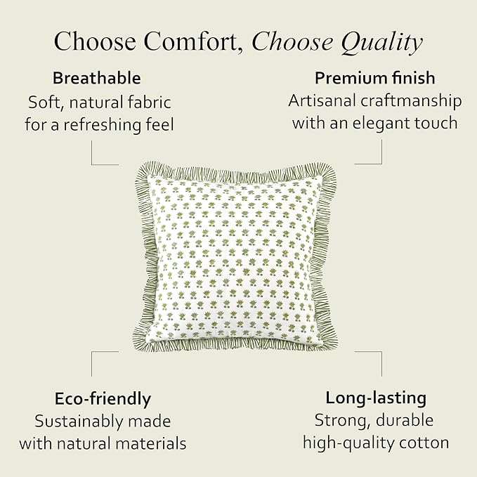CPC Lotus Meadow Hand Block Print 100% Cotton Ruffle Throw Pillow Cover 18x18 inch with Hidden Zipper Decorative for Couch, Bed, Sofa, Farmhouse, Cottagecore Decor Gift Christmas Fall Thanksgiving