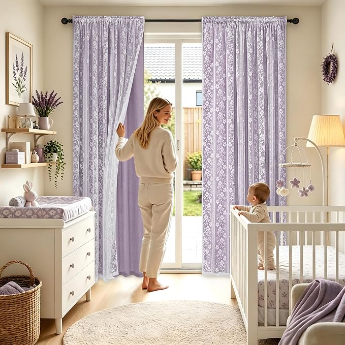 ASPMIZ Linen Curtains for Living Room Double Layer Curtains with Linen Lace, Purple Curtain for Bedroom Light Filtering, Rod Pocket Drapes 63 Inch Length 2 Panels Set with 2 Tiebacks, 52x63