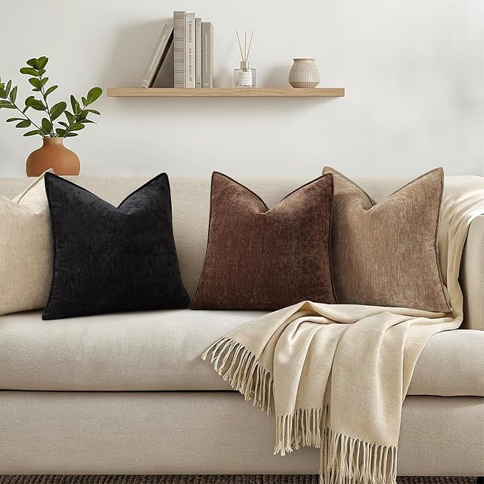 decorUhome Chenille Black Velvet Throw Pillow Covers 22x22 Set of 2 | Fall Soft Euro Sham Couch Decorative Modern Farmhouse Pillow Cases with Elegant Design for Sofa Bed Living Room Home Decor