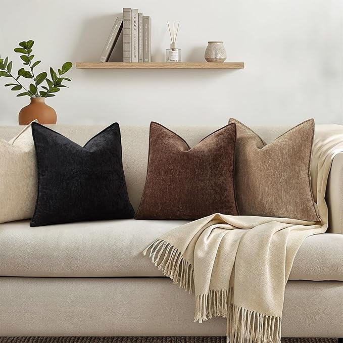 decorUhome Chenille Black Velvet Throw Pillow Covers 18x18 Set of 2 | Fall Soft Couch Decorative Modern Farmhouse Pillow Cases with Elegant Design for Sofa Bed Living Room Home Decor