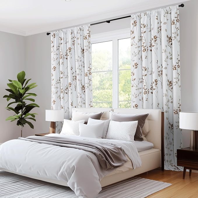 Beauoop Floral 100% Blackout Curtains for Bedroom Tan Brown 52X84 2 Panels | Flower Patterned Brown White Room Darkening Drapes for Living Room Thermal Soundproof Window treatment Rod Pocket