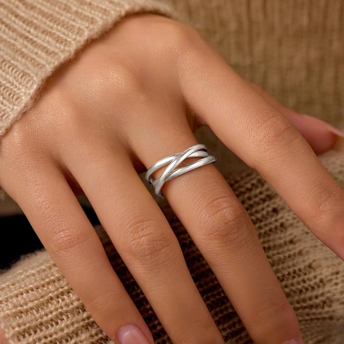 14K Gold Plated Interlocking Fidget Anxiety Ring 925 Sterling Silver Stackble Rings for Women Men Rolling Triple Spinner Ring Minimalist Trendy Knuckle Rings Jewelry Birthday Graduation Gifts
