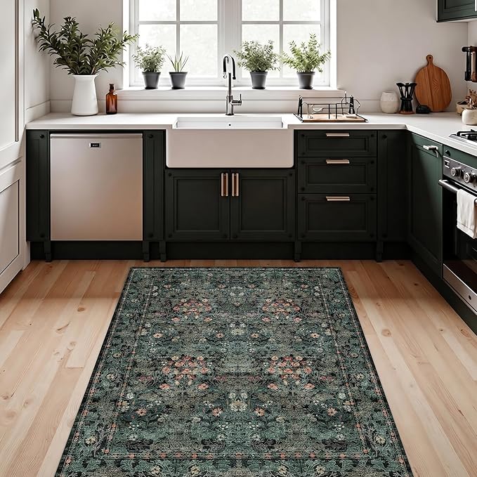 Large Moody 3x5 Rugs for Entryway Indoor, Dark Green Washable French Country Inspired Non Slip Area Rug for Dorm, Kitchen, Bedroom Bedside, Foyer, Laundry Room - Boho Distressed Floral Front Door Mat