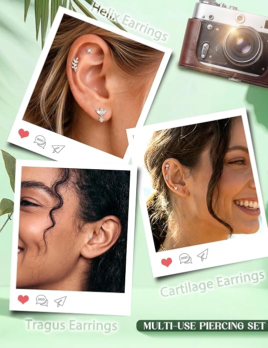 Drperfect 18G Reversible Flat Back Stud Earrings for Women Hypoallergenic Surgical Steel 14K Gold Silver Plated Internal Thread Stud Piercing Jewelry for Tragus Helix Cartilage Conch Piercing