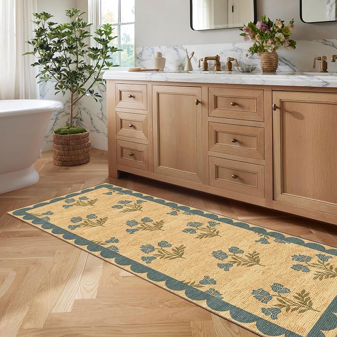 Non Slip Washable Kitchen Runner Rug - 2x6 Blue Floral Hallway Runner Rugs Soft Boho Runners for Hallways Jute-Look Farmhouse Scalloped Rugs for Bedroom Entryway Foyer Laundry Room Bathroom