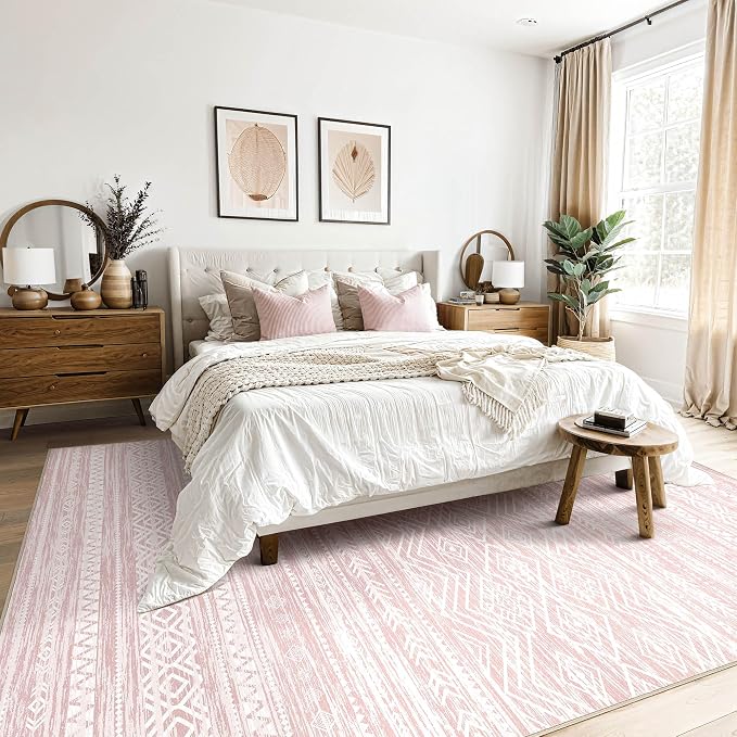 Tortania Area Rug Living Room Rugs- 8x12 Washable Large Soft Neutral Boho Moroccan Bohemian Farmhouse Rug Indoor Floor Carpet for Bedroom Under Dining Table Home Office Decor - Pink