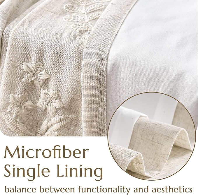 jinchan Floral Lined Linen Curtains 63 Inch Rod Pocket 2 Panels Ivory | Embroidered curtains,privacy lining,boho curtains,light filtering,living room,bedroom,flower patterned,window treatment