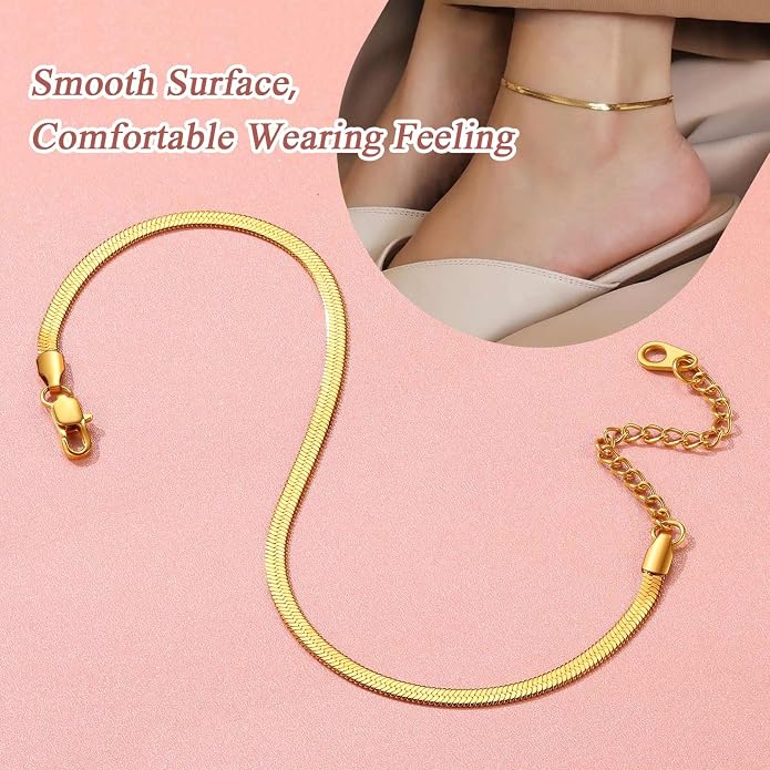 FindChic Elegant Herringbone Snake Chain Anklets/Bracelets 3MM/5MM Width Stainless Steel/18K Gold/Rose Gold Plated/Black 4 Color Options, 8.3'' 8.5'' 10.5'' Length, with Gift Box