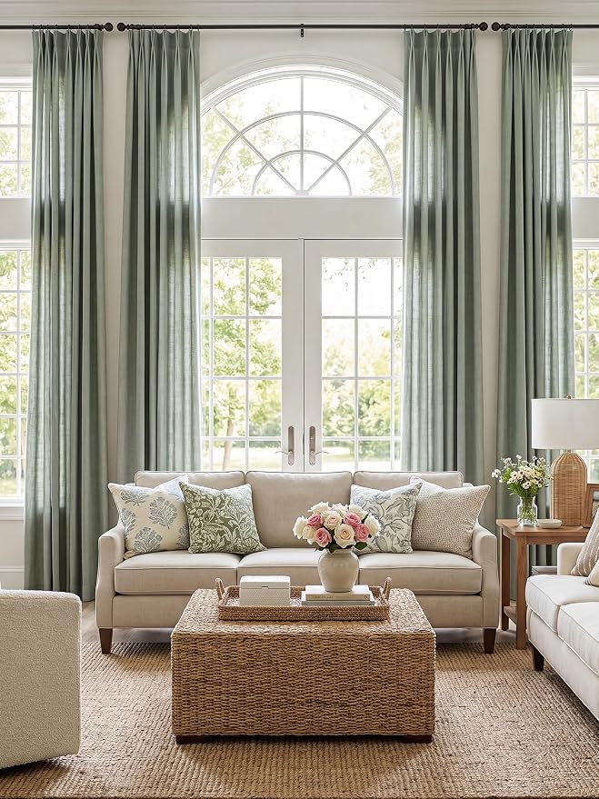 THREE GIRLS Pinch Pleated Linen Curtains 84 Inch Length 2 Panels, Light Filtering Linen Blend Drapes 40" W x 84" L, Sage Green Neutral Curtains for Living Room Bedroom with Hooks