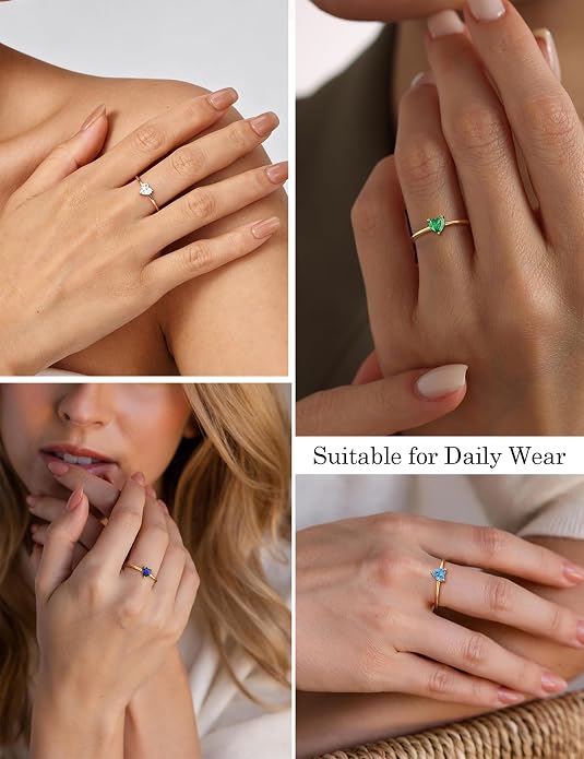 WFYOU Gold Heart Birthstone Rings for Women 14K Gold Plated Non Tarnish Stackable Pinky Cubic Zirconia Rings Emerald Dainty Gemstone Thumb Ring Band Cute Jewelry Birthday Gift Size 5-10