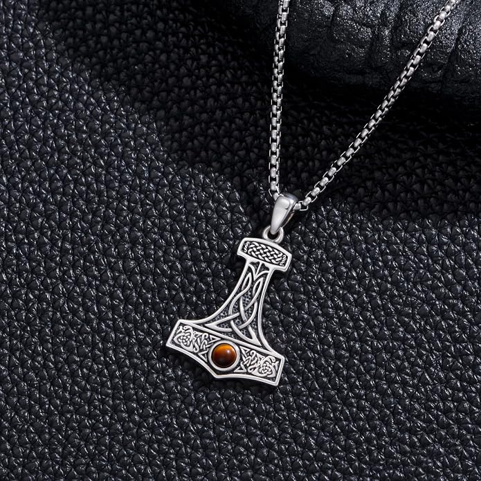 PROESS Viking Axe/Sword/Skull Necklace S925 Sterling Silver Thors Hammer Necklace Amulet Dagger Pendant Norse Viking Rune Jewelry Gifts for Men Women