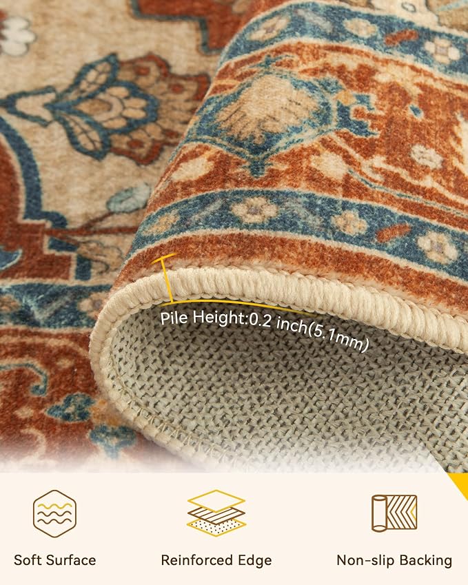 RELEANY Area Rugs Round 10ft Washable Non-Slip, Floral Vintage Distress Medallion Carpet for Living Room Bedroom Dining Room, Red Orange Blue Brown