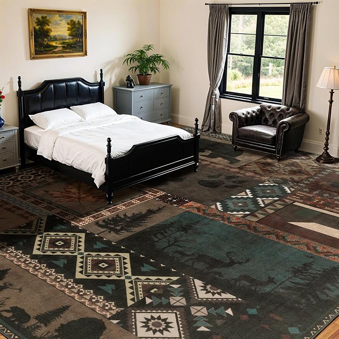 LIANLAM 8x10 Washable Area Rugs for Living Room and Bedroom(8x10,Bear) | Non-Slip Large Carpet,Vintage Checkered Pattern, Stain Resistant Faux Wool Low Pile Soft Rug for Dining Room,Office,Nursery