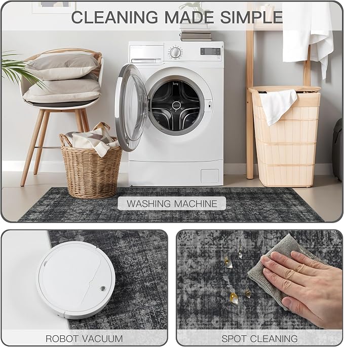 5x7 Vintage Washable Area Rug, Dark Black | Living Room,Low Pile,Non Slip,Non-Shedding,Soft Indoor Stain Resistant,Floral Print Mat for Bedroom Dining Room