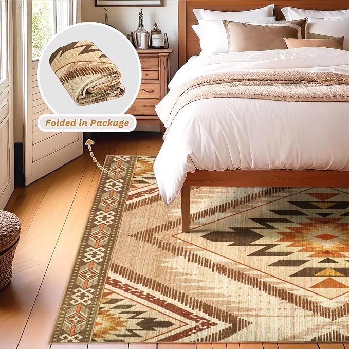 Boho Washable Area Rugs 5x7 Non Slip, Soft Living Room Bedroom Rugs, Non Shedding Moroccan Nursery Floor Carpets for Dining Room Bathroom Office Farmhouse, Light Brown
