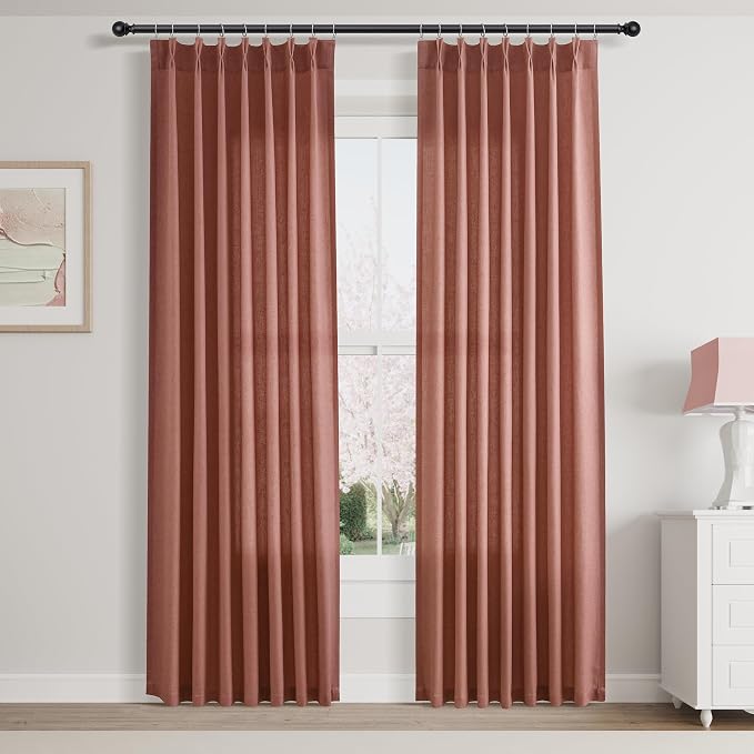 Aersas Canyon Rose Pinch Pleated Linen Curtains 84 Inch Length 2 Panels for Living Room Bedroom Semi Sheer Window Curtain Boho Neutral Back Tab Pinch Pleat Drape with Hooks 40x84