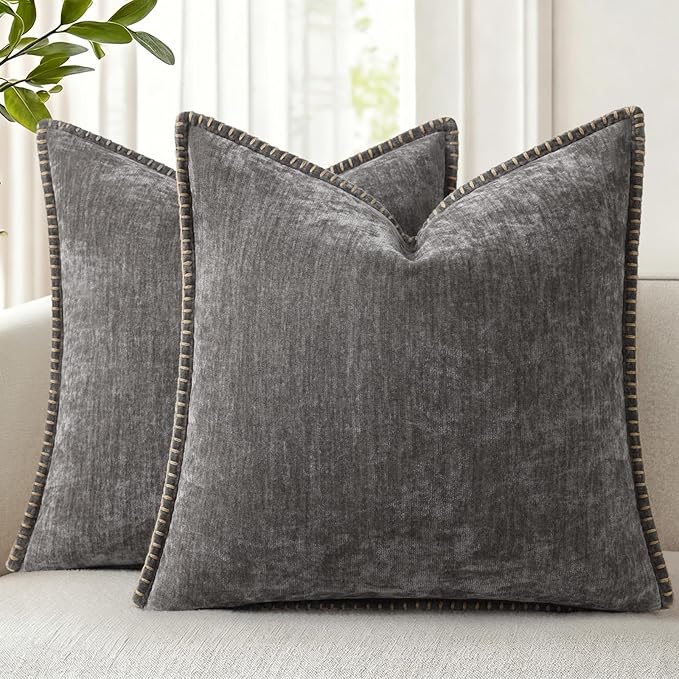 decorUhome Soft Chenille Throw Pillow Covers 24x24 Set of 2 Dark Grey | Fall Textured Decorative Throw Pillow Cases Stitched Edge Modern Farmhouse Luxury Boho Velvet for Couch Sofa Bed Home Decor