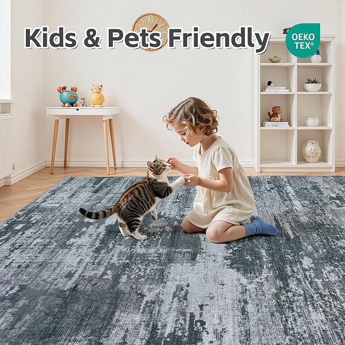 8x10 Area Rugs Living Room Rug Modern Abstract Neutral Washable Rugs Non Slip Soft Carpet Large Area Rug Low Pile Stain Resistant Non Shedding for Bedroom Nursery Dining Room Home Office Black