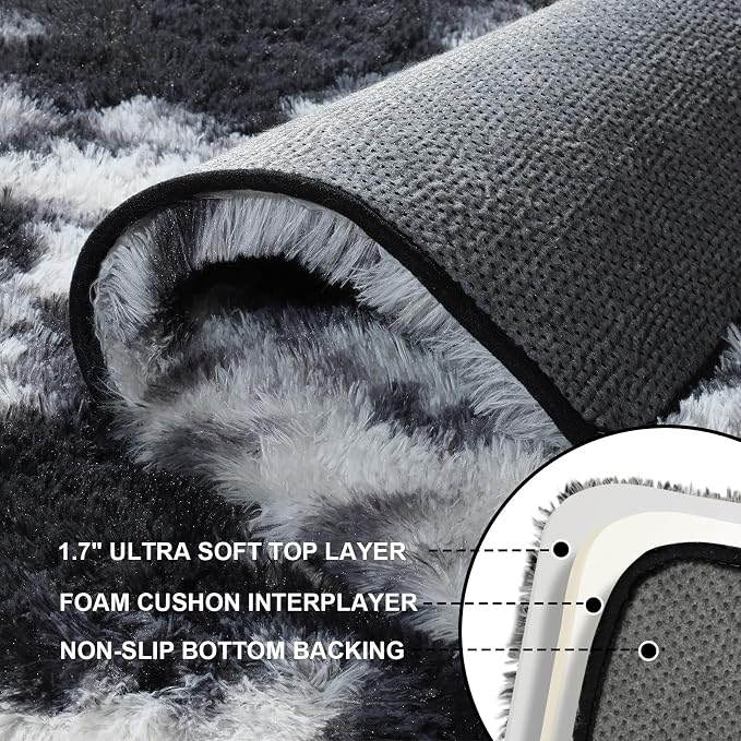 Black and White Rugs for Bedroom, 2x3 Fluffy Area Rugs for Living Room, Small Fuzzy Shag Soft Carpet with 4 Non-Slip Adhesive Strips for Kids Boys and Girls Nursery Dorm Home Decor (2ft X 3ft)