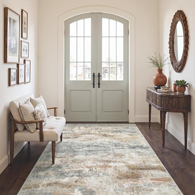 GENIMO Abstract Area Rug 5x7, Washable Modern Rug Non Slip, Low Pile Lightweight Soft Large Carpet for Living Room, Bedroom, Dining Room, Silver Tan