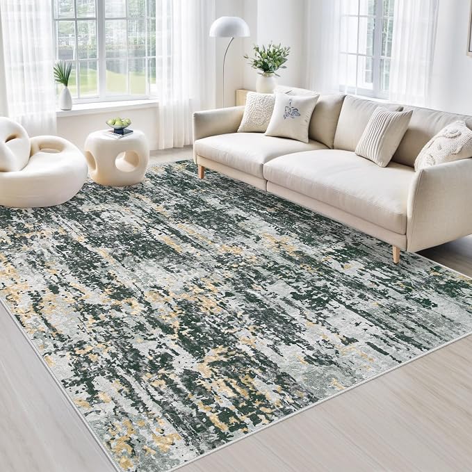 Area Rugs 5x7 Living Room: Washable Rug Modern Abstract Rugs Soft Non Slip Neutral Rug Stain Resistant Indoor Carpet for Bedroom Kitchen Dining Room Nursery Home Office Rugs(Black Grey Gold,5'x7')