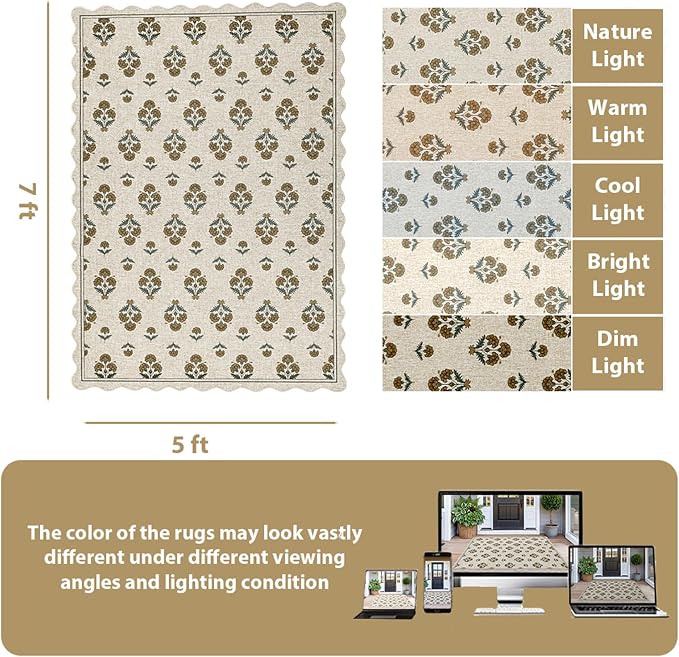 ORTIGIA Scalloped Easy Jute 5x7 Area Rug Vintage Yellow Block Floral Farmhouse Washable Rug Non-Slip Indoor Outdoor Carpet for Living Room Bedroom Patio Entryway