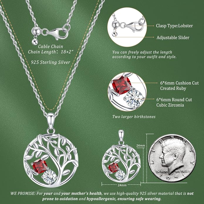 Tree of Life Birthstone Necklace for Women 925 Sterling Silver Birthstone Pendant 12 Months Necklaces with Zircon Birthday Gifts for Women, Mom, Grandma Cable Chain 18"+2"