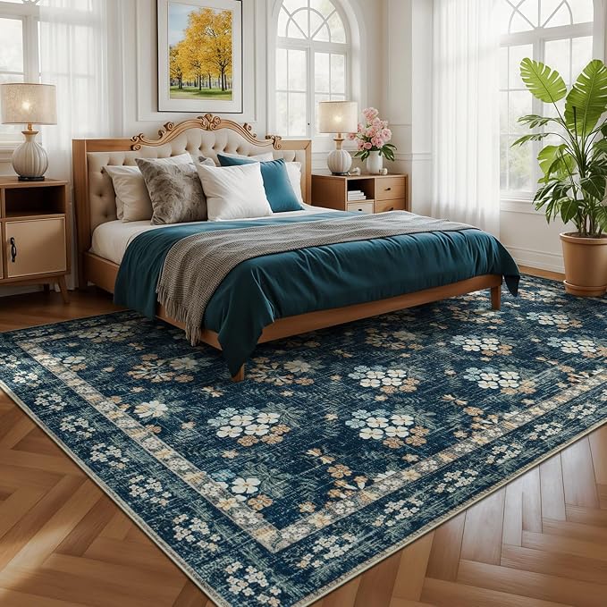Lessymo Floral Living Room Rug 8x10 Area Rugs, Vintage Washable Rugs for Dining Room Bedroom, Low Pile Non Slip Rubber Mat, Distressed Indoor Boho Carpet, Navy/Beige
