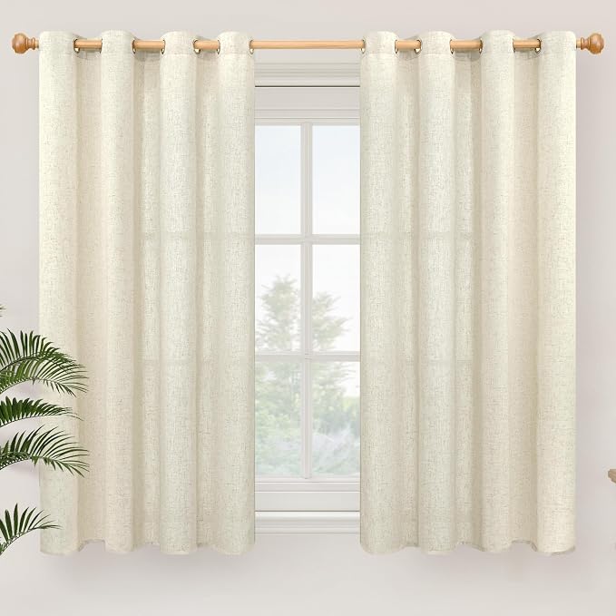 YoungsTex Beige Linen Semi Sheer Curtains 54 Inches Length for Short Windows, Light Filtering Drapes with Grommet Rustic Privacy for Bathroom Kitchen Bedroom, 2 Panels, 52 X 54 Inch