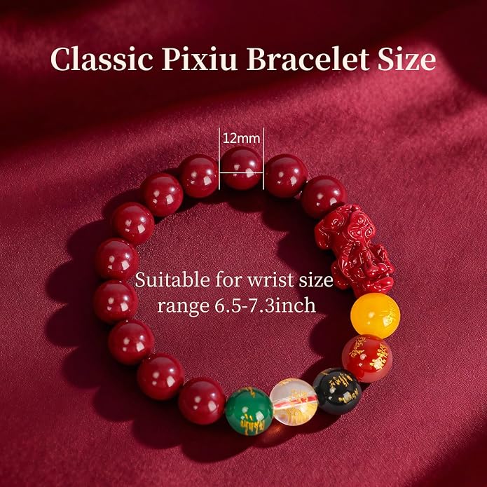 Five Roads Wealth God Cinnabar Pixiu Bracelet - Feng Shui Red String Bracelet for Good Luck & Money Attraction, Fortune Blessing for Men & Women, Adjustable Lucky Charm Bracelet (Classic & Cinnabar Options, 8/10/12mm)