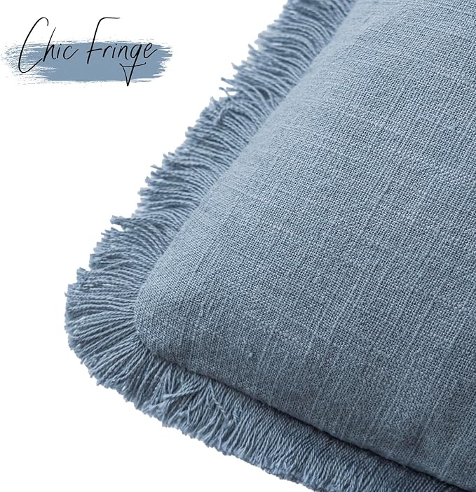 Foindtower Set of 2 Decorative Linen Fringe Throw Pillow Covers Cozy Boho Farmhouse Cushion Cover with Tassels Soft Accent Pillowcase for Couch Sofa Bed Living Room Home Decor, 24×24 Inch, Misty Blue