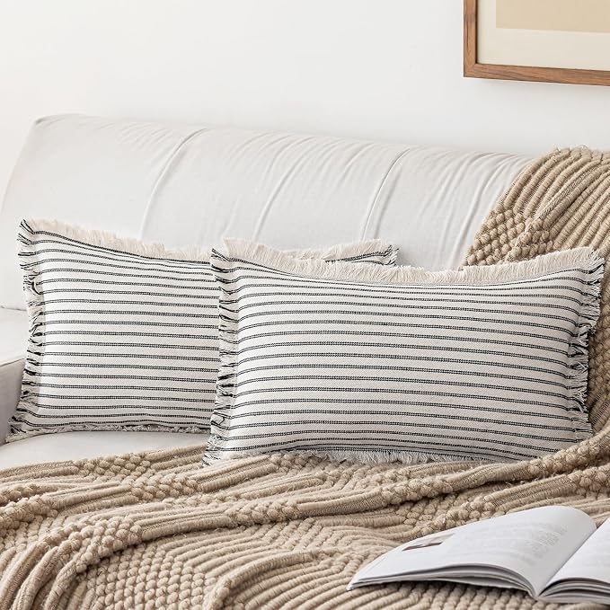 YEENAASY Throw Pillow Covers 12x20 Set of 2 Striped Fringe Pillow Cover Farmhouse Cushion Covers with Tassel Neutral Boho Pillows Decorative Square Pillowcase for Couch Sofa Bed, Black