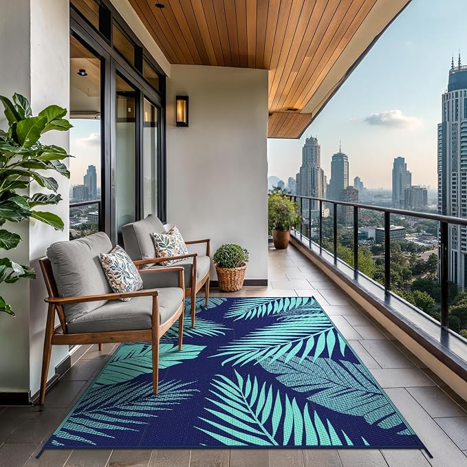 GENIMO Outdoor Rug, Waterproof Plastic Rugs for Patio, 8'x10' Blue Green | Outside Larger Leaf Carpet Mat for Porch Decor, Deck, Balcony, Camping, RV, Backyard, Picnic, Beach, Reversible, Foldable