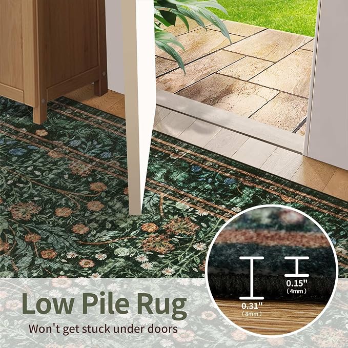 Rugxara Green 8x10 Area Rugs for Living Room Bedroom Large Washable Rug | Non Slip, Rug for Dining Room Office Kids Room, Stain Resistant, Soft, Low Pile, Vintage Boho Retro Carpet,Home Decor