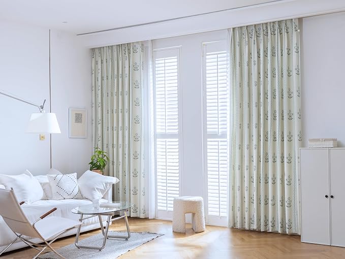 DrapePalette - Linen Blend Pinch Pleated Curtains 96 Inches Long for Living Room, Bedroom, Dining Room, Light Filtering Curtains 1 Panel Set, Modern Floral Printed Design, Antique White 52" W x 96" L