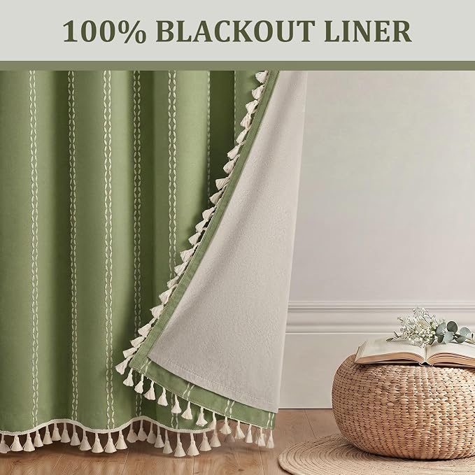 Olive Green Boho Blackout Curtains 2 Panels 84 Inch for Living Room Bedroom, Linen Texture Farmhouse Curtains with Tassels and White Cotton Embroidery Vintage Rustic Country Western