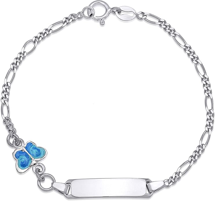 UNICORNJ 925 Italy Sterling Silver Child or Baby Name Bracelet Girls Boys, Personalized Engraved Kids ID Bracelets, 6.5" Figaro Chain, Enamel Charm Newborn Infant Toddler Kid Jewelry