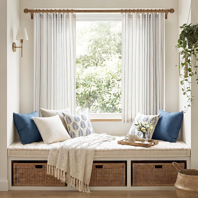 Vangao Striped Curtains Blue on White Semi Sheer Curtains 63 Inches Long for Bedroom Living Room Modern Farmhouse Linen Textured Light Filtering Drapes 2 Panels Blue W50 x L63 Inch